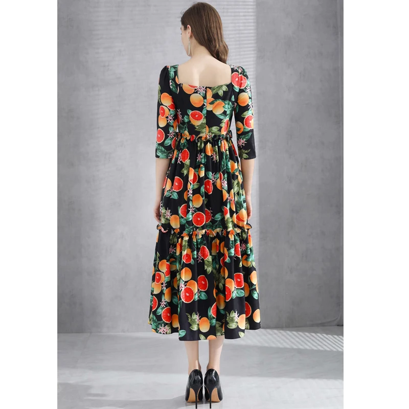 SEQINYY Sicily Style Dress Grapefruit Flowers Print Ruffles 2020 Summer Spring New Fashion Design Women Half Sleeve A-line Midi