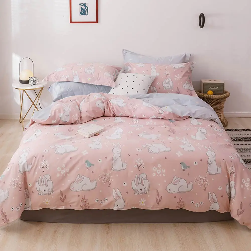 Розовый Зонт с кроликами мультяшный пододеяльник, набор простыней с плоской подошвой, хлопковое постельное белье, гипоаллергенное постельное белье с двойной королевой и королевой