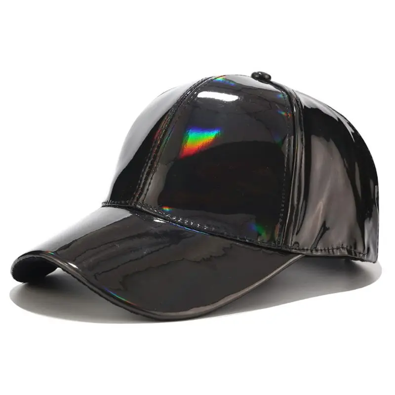 Женская Мужская кожаная бейсболка, блестящая металлическая голографическая Радуга, светоотражающая шапка в стиле хип-хоп, регулируемый ремень