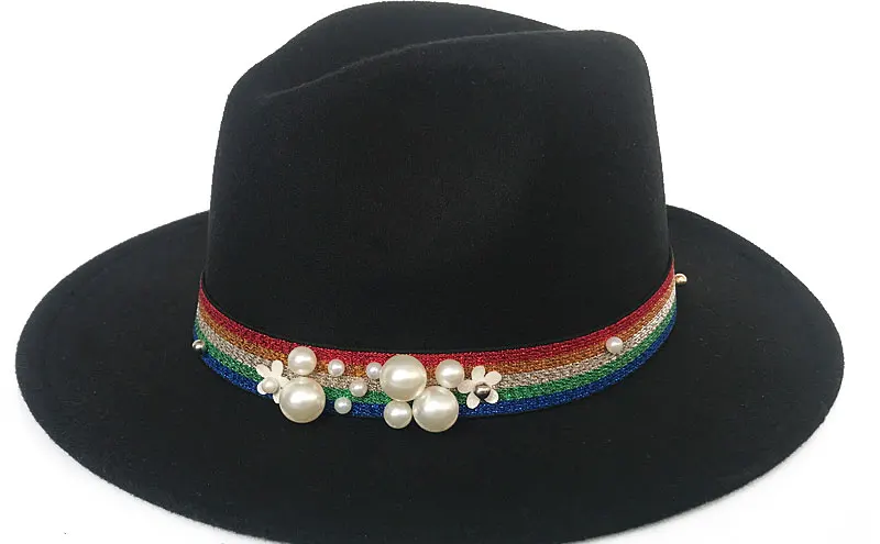 YY beauty Fedora для женщин Радужная жемчужина лента Джаз Панама широкополый Трилби фетровая шляпа Классическая британская Осенняя шляпка для церкви FD19011