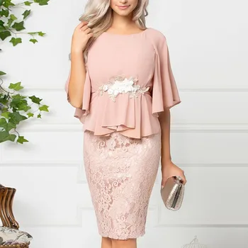 

Women Bell Sleeve Chiffon Lace Patchwork Peplum Dress Appliqued Waist robe de fete sukienki na lato#sw