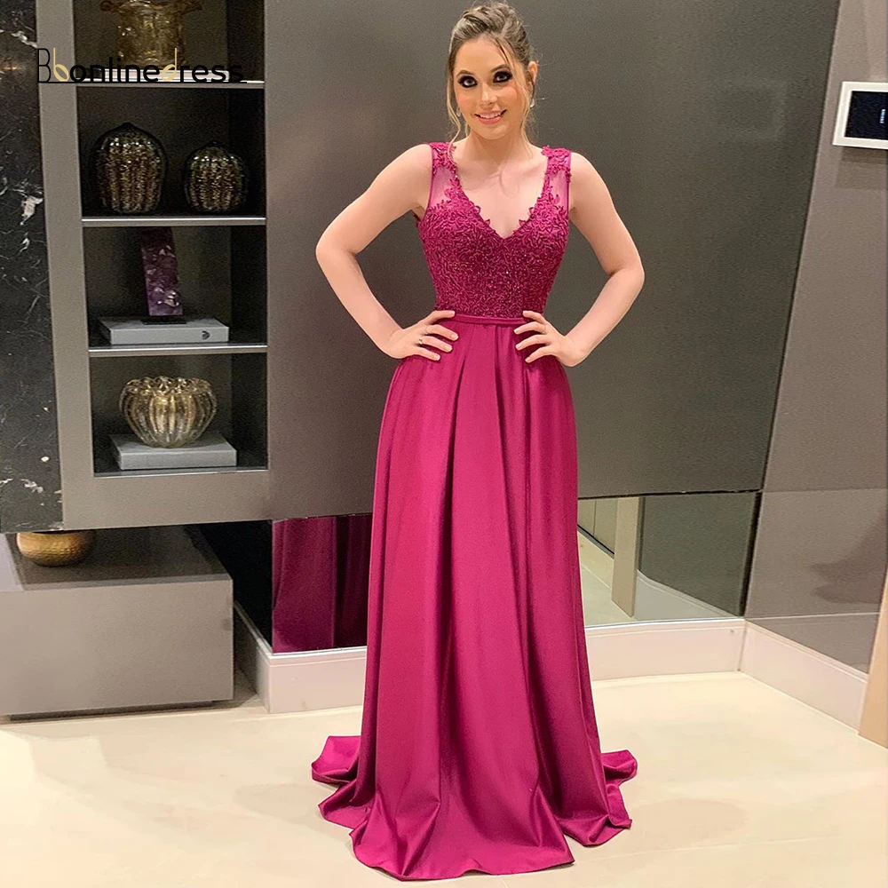 

Elegant Long Prom Dress A-Line Sleeveless V-Neck Lace Prom Dresses Backless Floor Length Formal Gowns robe-de-soiree Party Dress