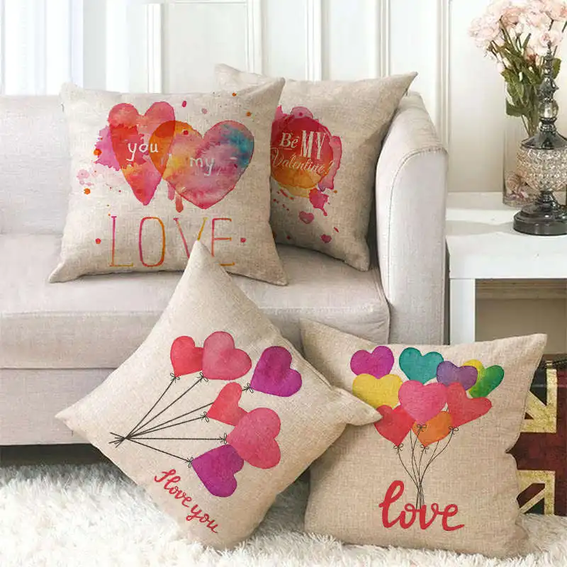 

4 Pcs Linen Cushion Covers Heart Shape Balloon Love Valentine's Day Decorative Pillowcase for Sofa Couch Living Room Sweet Decor