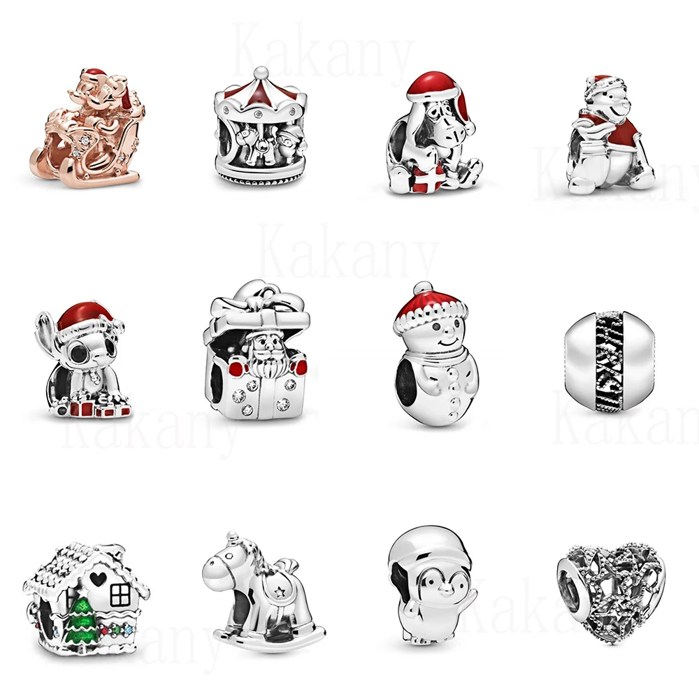 

KAKANY 2019 Winter 925Silver DISNE MI Mouse Christmas Snowman and Santa Hat Carousel Little Penguin Charm DIY Beaded Accessories