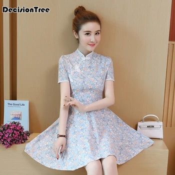 

2020 retro vestido chines qipao dress traditional mandarin collar chinese dress vestidos flower printed cheongsam short style