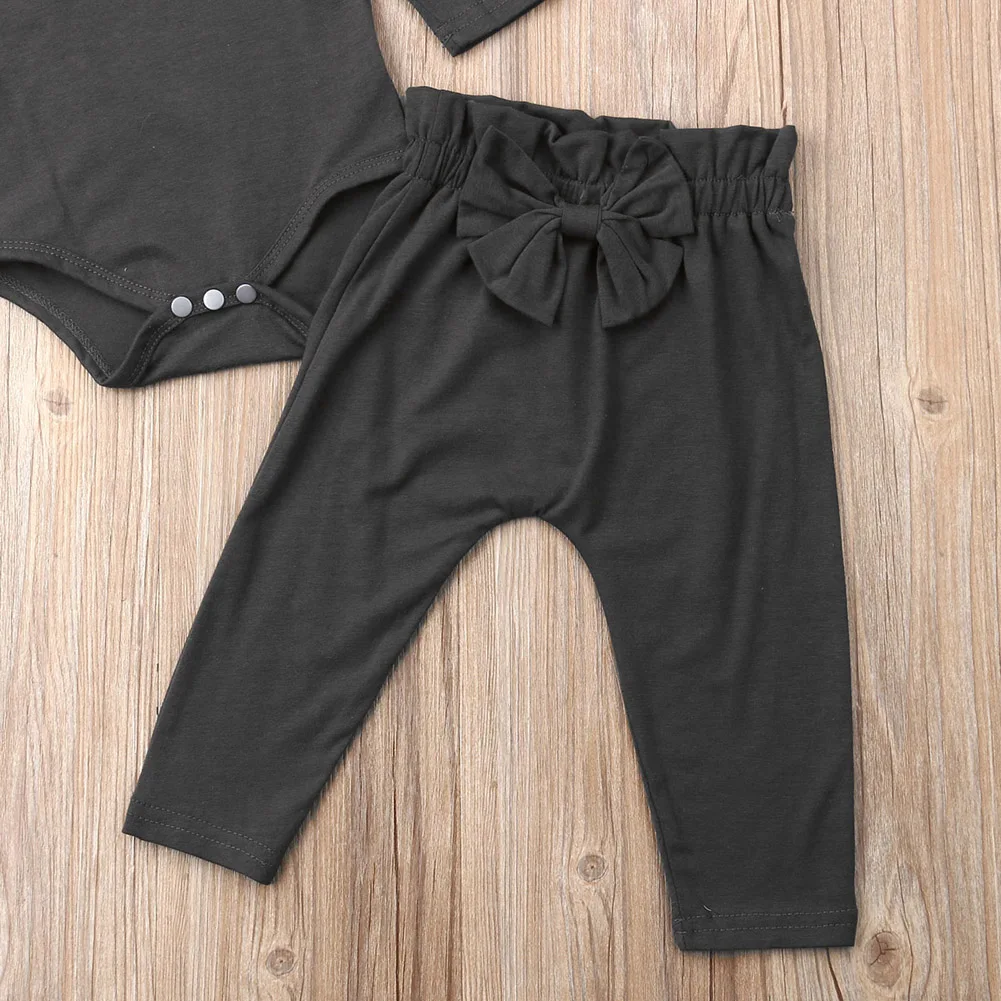 Детский комбинезон с оборками для маленьких девочек, 2 предмета, топ, однотонные брюки с бантиком, брюки осенний хлопковый комплект одежды с длинными рукавами