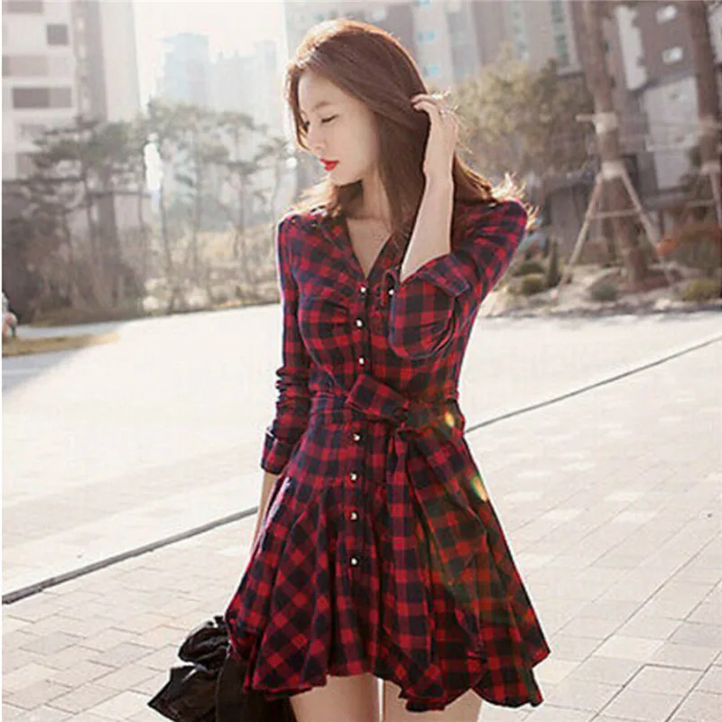 Womens Casual Blouses Dress New Excellent Quality Flannel Red Plaid Print Dress Female Casual Long Sleeve Vestito Lady Clothes