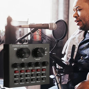 

V8 Multifunctional Live Sound USB Interface Intelligent Volume Adjustable Audio Mixer Sound Card for Recording Hosting Speech