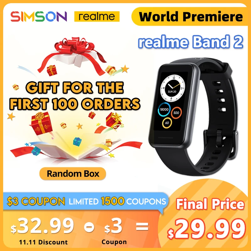 Умным браслетом realme Band 2 5 ATM водонепроницаемые 1.4 большим цветным экраном SpO2