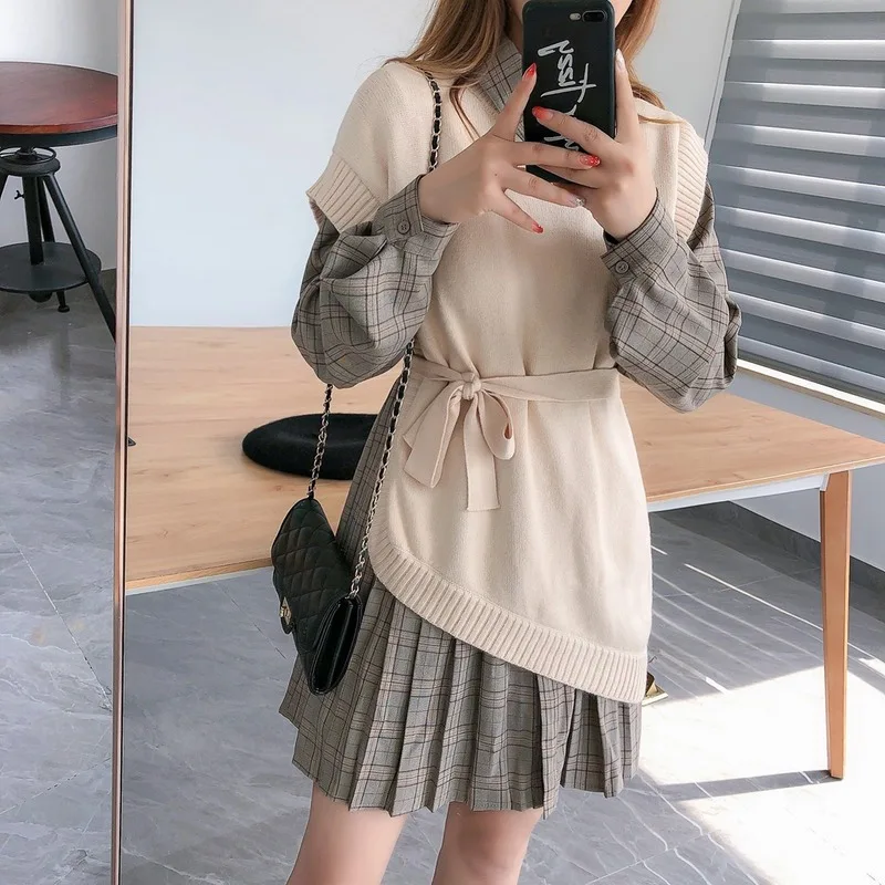  2-piece Set Women New Plaid Shirt Pleated Dress+Knit Waistcoat with Waistband Sweatsuits for |