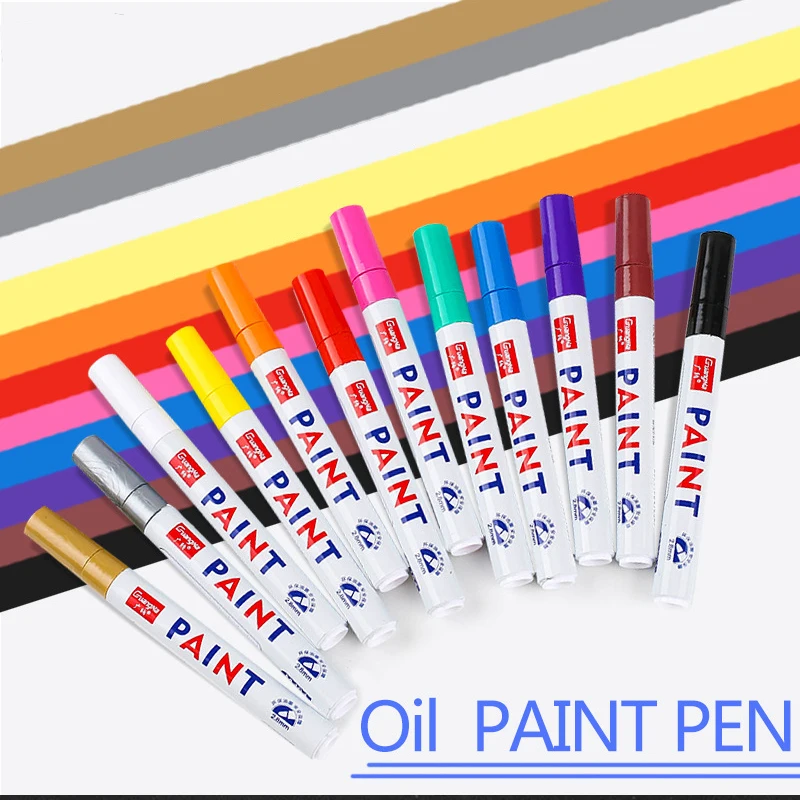 Marcador permanente de pintura de Metal, 12 colores, resistente al agua, rotuladores oleosos de grafiti, suministros para arte de papelería