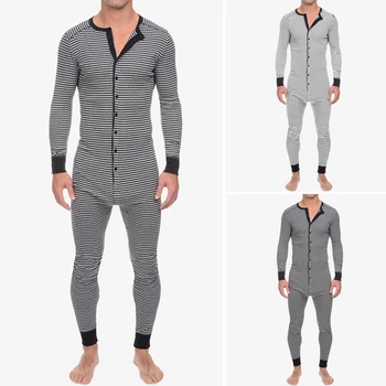 

Leisure Striped Playsuits INCERUN Men Long Sleeve O Neck Sleepwear Jumpsuits Fitness Buttons Rompers Homewear Mens Onesies S-5XL