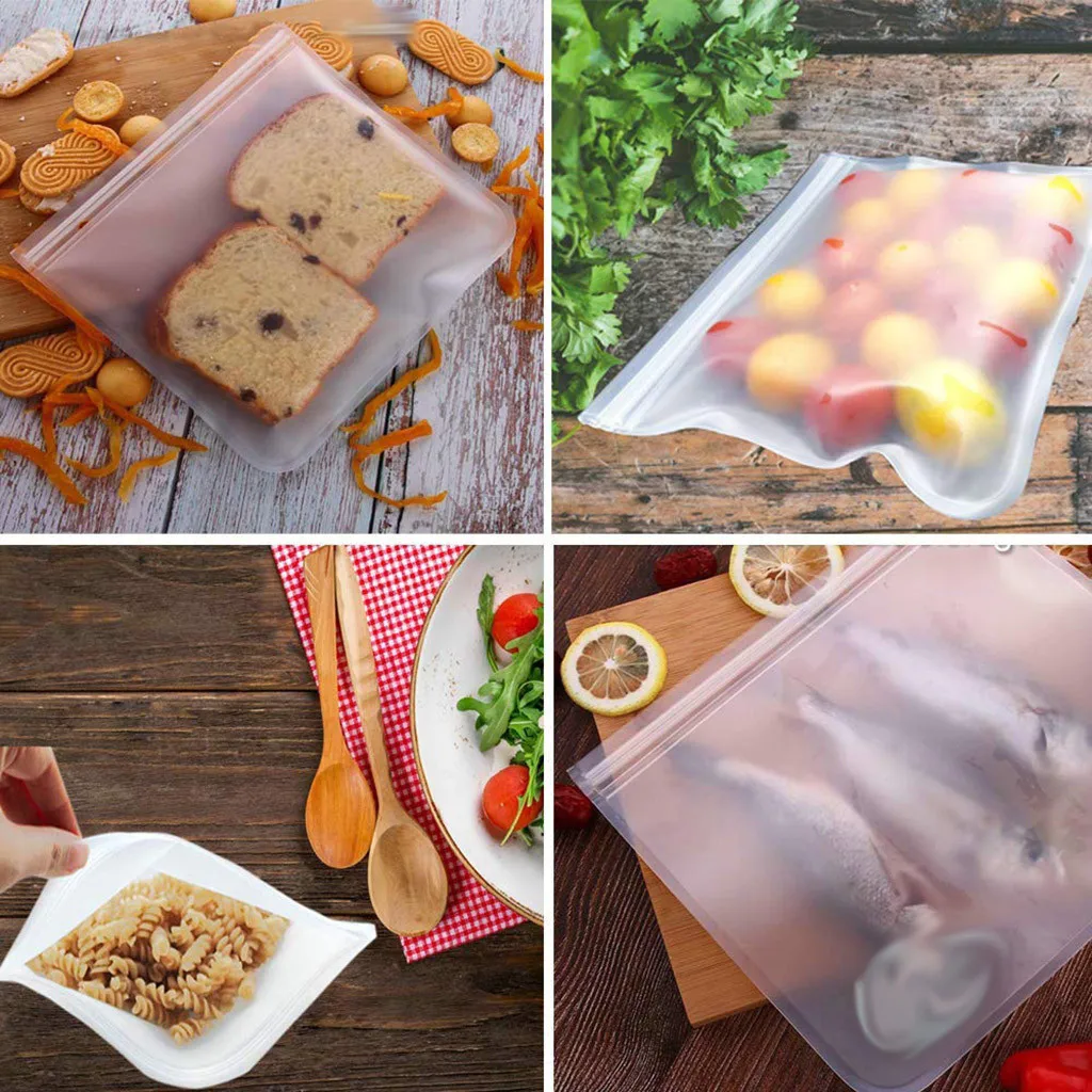 Силиконовая сумка для хранения еды, многоразовая сумка-Морозильник с молнией, герметичная коробка для завтрака с фруктами, кухонный органайзер, FDA BPA Free, 4 типа