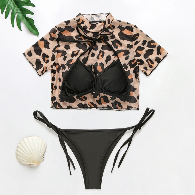 leopard Женский купальник из 3 частей, неоновый зеленый бикини,, сексуальный купальник с пуш-ап, Женский комплект бикини с высокой талией, купальник с высокой посадкой, топ с бретелькой через шею - Цвет: leopard