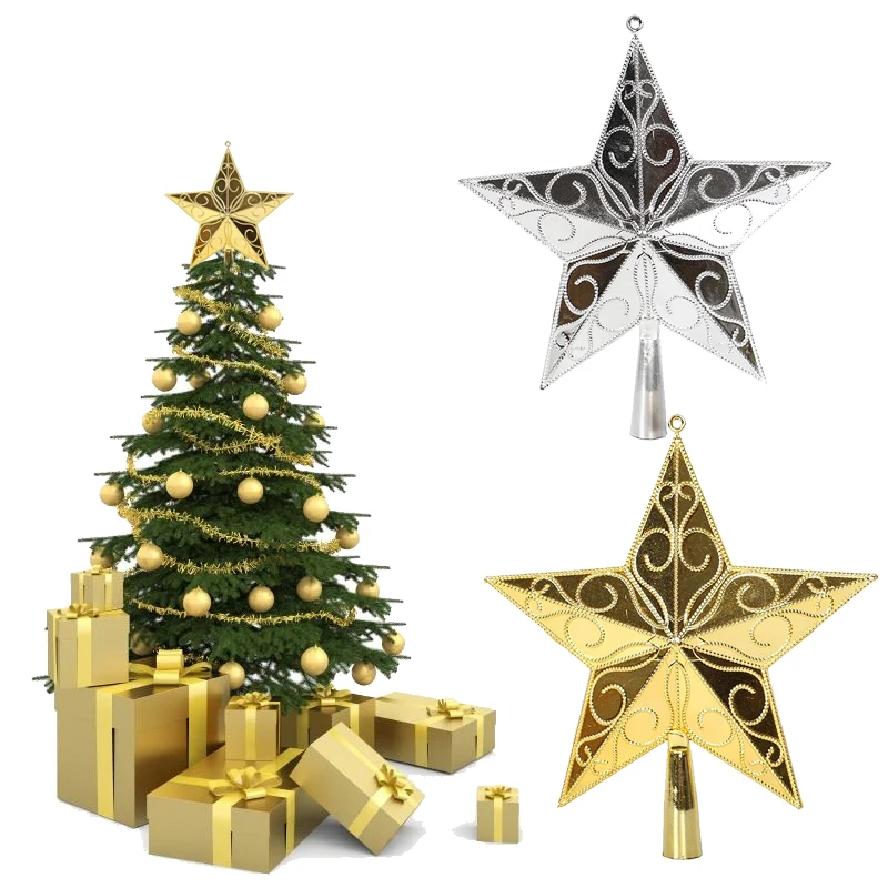 Star Party PVC Tree Top Decor Ornament Golden/Silver Glittery Xmas Holiday 3D Festival Prop Christmas