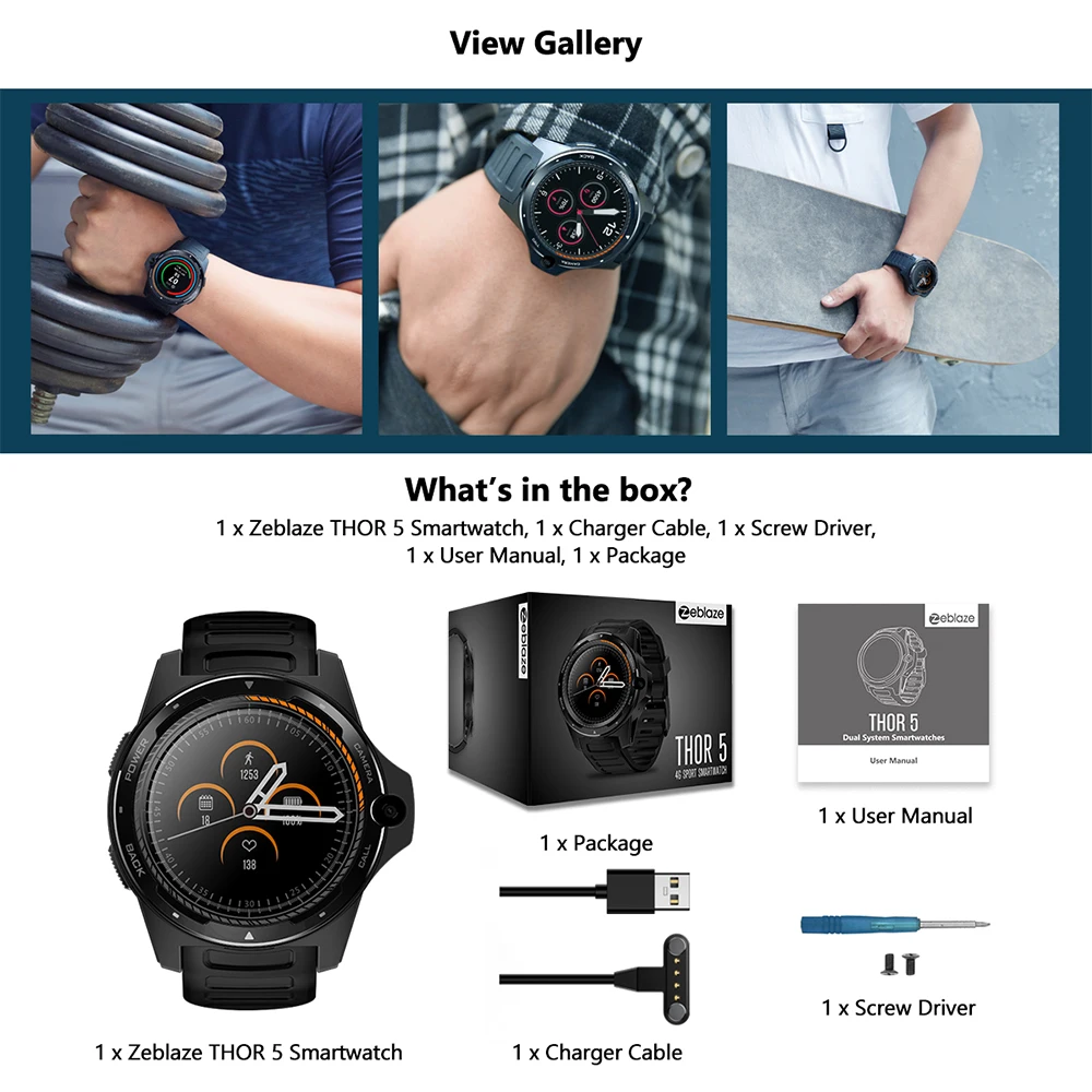 Новинка zeblaze Thor 5 двойная система Smartwatch 4G WiFi Android IOS телефон 2 Гб+ 16 Гб 8.0MP передние Смарт-часы с камерой черный