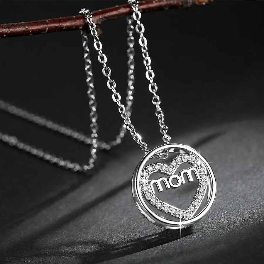 

MOM Round Shape Hanging Pendant Necklace Setting Cubic Zirconia Link Chain Gold and Silver Color Necklace for Mother's Day