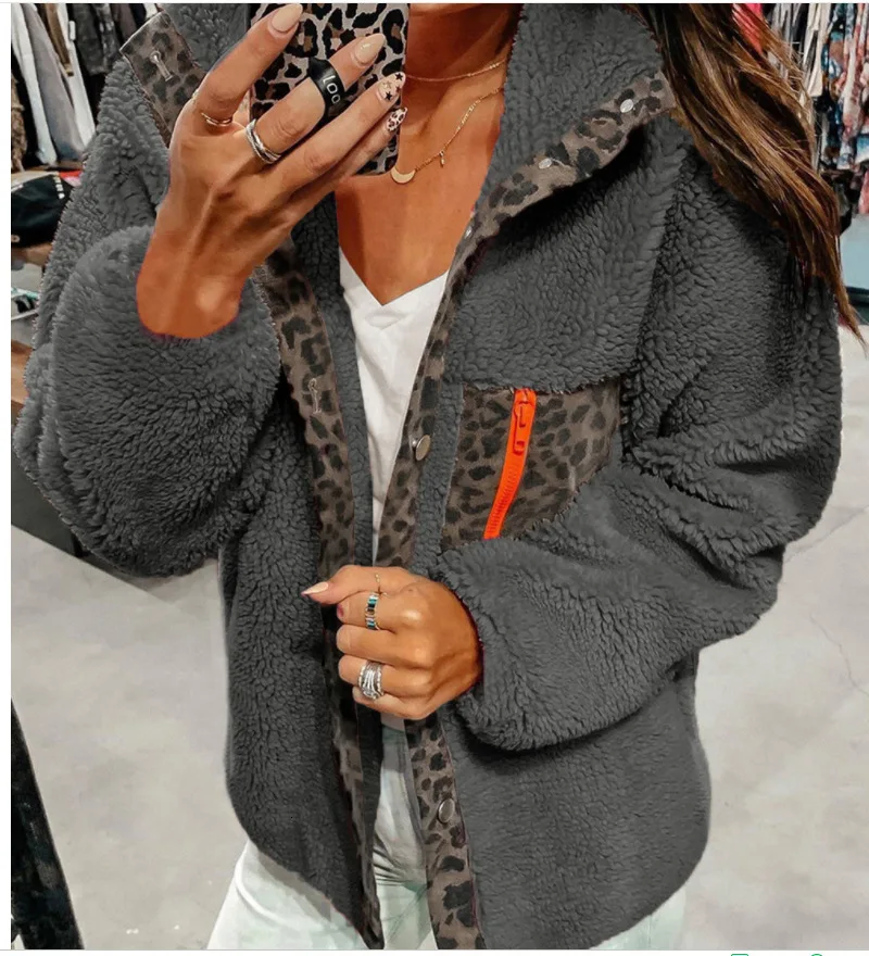 

Winter Warm Fuzzy Fleecy Jacket Women Nice Tide Long Overcoat Casual Zipper Leopard Print Coat Loose Plush Casaco Femme