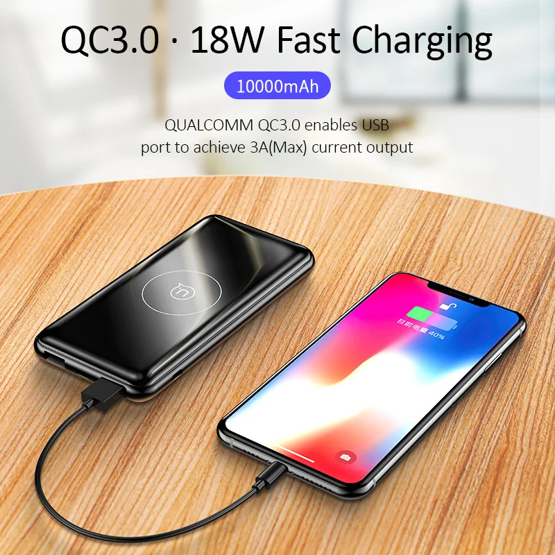 USAMS QI беспроводной внешний аккумулятор 10000 мАч QC3.0 PD Быстрая зарядка Портативная зарядка внешний аккумулятор для Xiaomi Poverbank