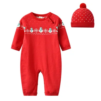 

Baby Christmas Rompers Clothes Autumn Red Cotton Knitted Jumpsuits + Caps Outfits for Infant Kids Boys Girls Overalls Playsuits