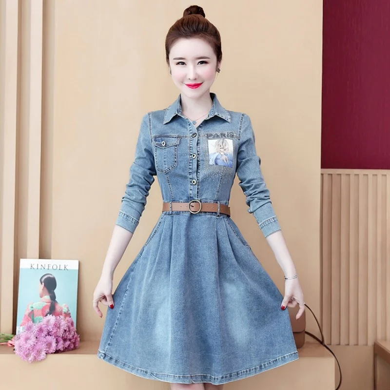 

Women Autumn Denim Dress Belted Slim Fit Long Sleeve Jean Dresses Ladies A Line Casual Streetwear Knee Length Mid Sequined Dress