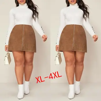 

Plus Size England Style Skirts Women Front Zipper Up A-line Short Pencil Skirt High Waist Shiny Mini Skirt Large Size XL-4XL