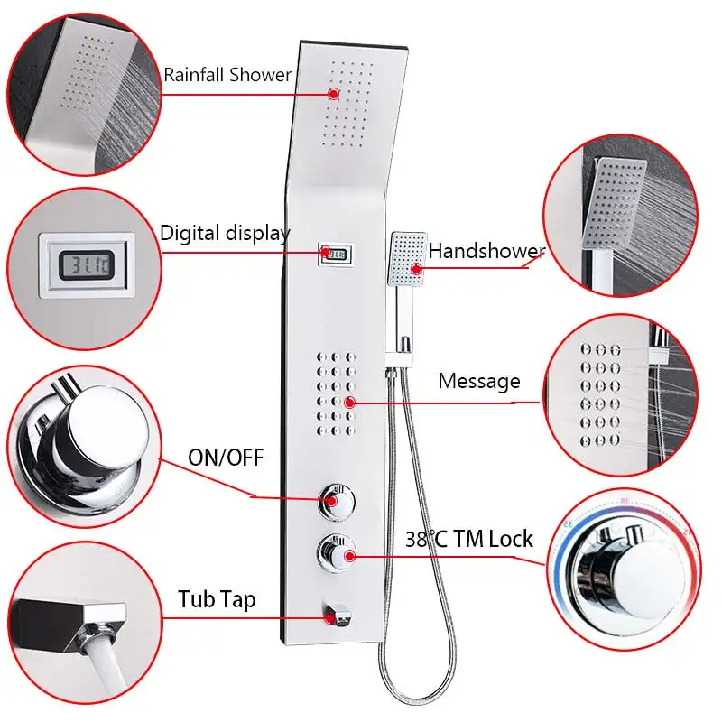 Термостатический смеситель, смеситель для душа, набор, матовый никель, душевая панель, душевая колонка, цифровой дисплей, кран, ванна, носик, ручной душ