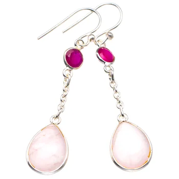 

Natural Rose Quartz And Chalcedony Handmade 925 Sterling Silver Earrings 2" D3680
