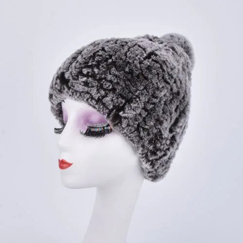 Real rex rabbit fur hat women winter knitted fur beanies cap with fur pom poms new thick female cap Elastic Soft warm - Цвет: Frost coffee