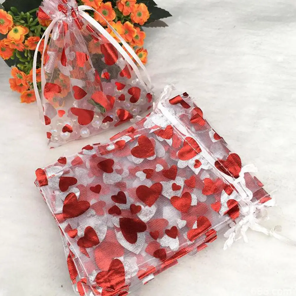 HobbyLane 100Pcs Valentine's Day Love Bag Bright Red Color Bundle Mesh Bag Gold-stamped Ogan Gift Bag