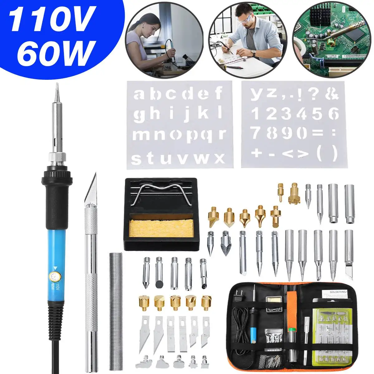 

110V 60W US Plug 50pcs Wood Burning Pen & Assorted Tips Set Painting Electric Engraving Soldering Iron