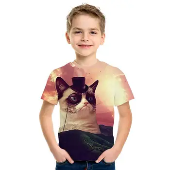 

Funny cartoon kitten pattern male / girl kids T-shirt 3D printing children's T-shirt new fashion hip hop children's clothing