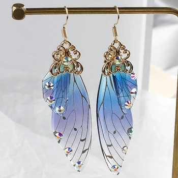 

AENSOA Trendy Blue Butterfly Wing Earrings For Women 2020 Fahion Fairy Tale Cicada Resin Rhinestone Wings Earrings Jewelry New