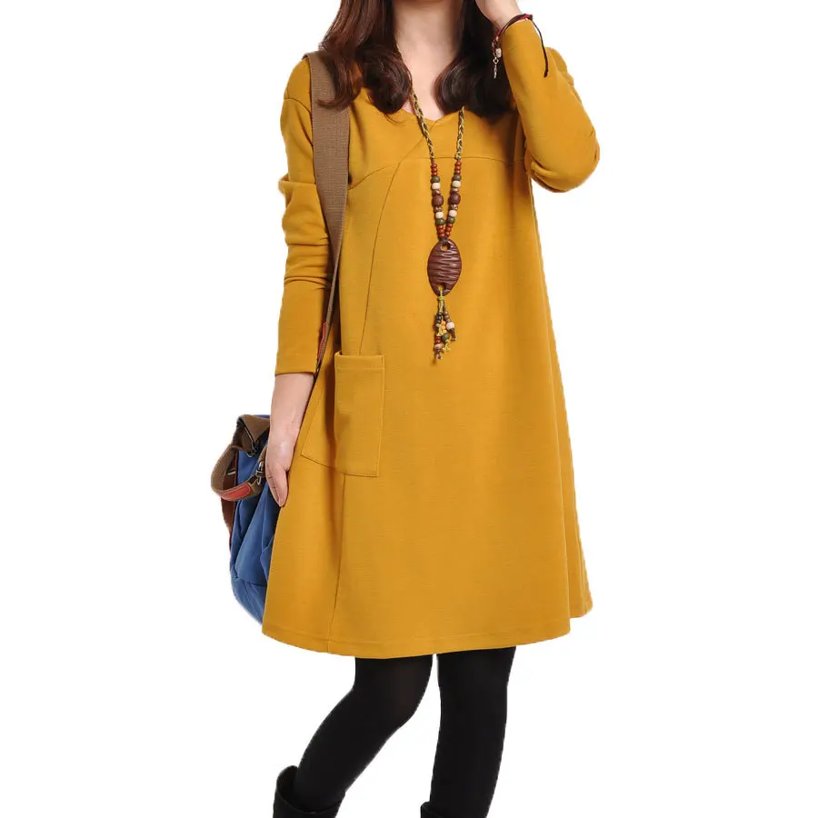 

New Style Korean-style WOMEN'S Wear Large Size Casual Solid Color V-neck Loose-Fit Base Dress
