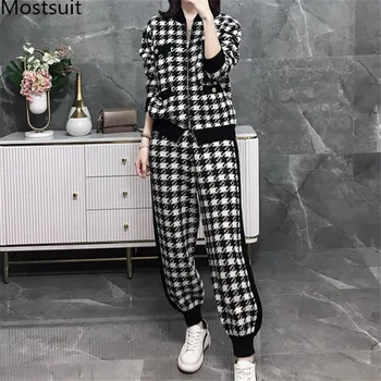 

2020 Spring Fashion Plaid Knitted Two Piece Sets Outfits Women Zip-up Cardigan Coat + Harem Pants Suits Korean Vintage 2 Pcs Set