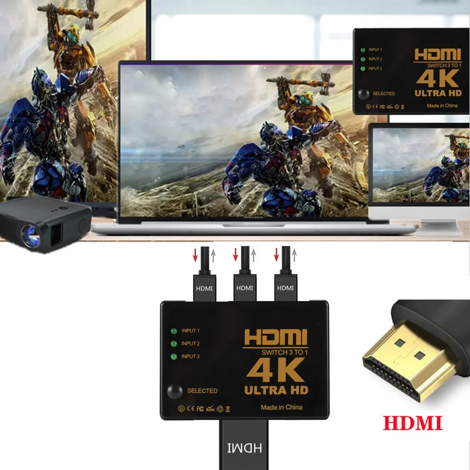 4K 2K 3x1 HDMI Cable Splitter HD 1080P Video Switcher Adapter 3 Input 1 Output Port HDMI Hub for Xbox PS4 DVD HDTV PC Laptop TV