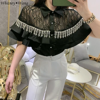 

WHITNEY WANG Blouses 2020 Summer Fashion Streetwear Lace Patchwork Ruffles Diamonds Tassel Blouse Women Blusas Lady Shirt Top