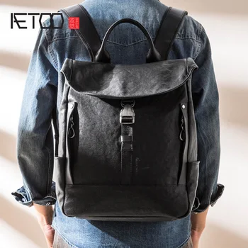 

AETOO Leather backpack, men's head layer leather fashion trend travel bag, large capacity simple school bag