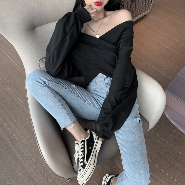 WHITNEY WANG, футболка с длинным рукавом, модная уличная одежда, сексуальная короткая футболка с перекрестным вырезом, женская футболка, топы