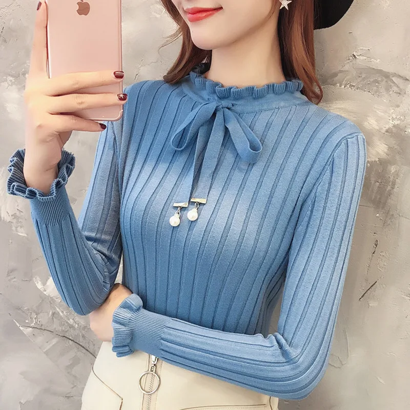 Suéter con volantes y lazo para mujer, jersey de cuello alto Vintage, suéter de punto elástico delgado para otoño e invierno, 2020