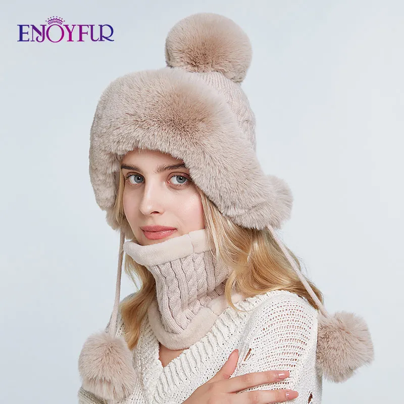 Женская шапка бомбер ENJOYFUR теплый комплект из шапки и шарфа искусственного