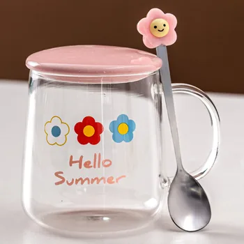 

Girl Cute Glass Cup with Spoon Pink Transparent Gift High Capacity Student Juice Milk Glass Cup Japanese Home Container MM60BLB