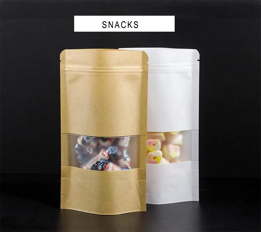 50pcs Reusable Kraft Paper Bag with Frosted Window Stand Up Pouches Food Packaging Bag Ziplock Bag with Tear Notch