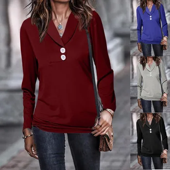 

Tshirt Women V Neck Long Sleeve Button Casual Solid Tops Women Harajuku