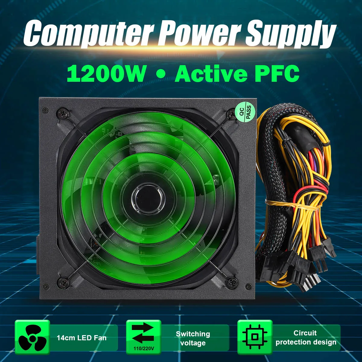 1200 Вт PFC PC блок питания 140 мм тихий светодиодный вентилятор 24 Pin PCI PSU SATA 6Pin 4Pin ATX 12V компьютерный блок питания