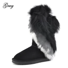 GRWG/модные женские зимние сапоги из натуральной кожи с лисьим мехом; женские зимние сапоги; зимняя обувь с кисточками из кроличьего меха; Цвет Черный; высокое качество