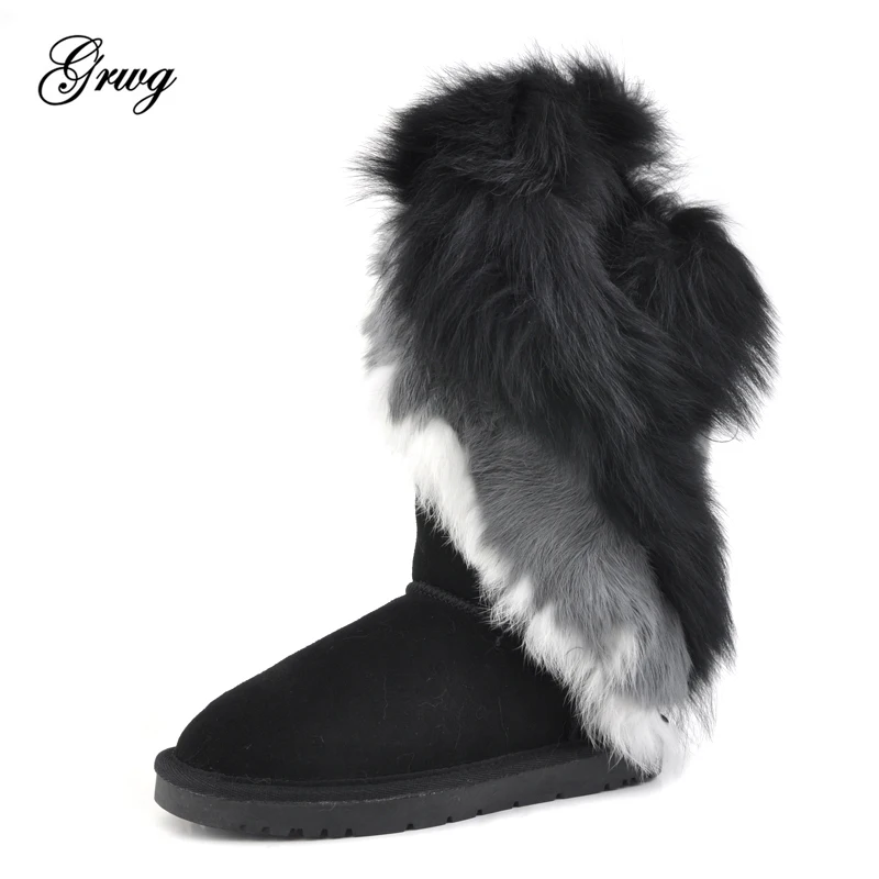 

GRWG fashion real fox fur cow suede leather woman winter snow boots for women winter shoes rabbit fur tassels high quality black
