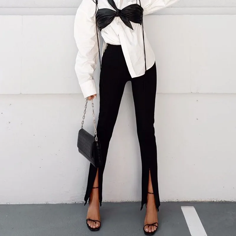 

Pants With Slit 2020 Autumn Women Flare Wide Leg Pants Bell Bottom Joggers Zipper Long Trousers Solid Elastic High Waist OL