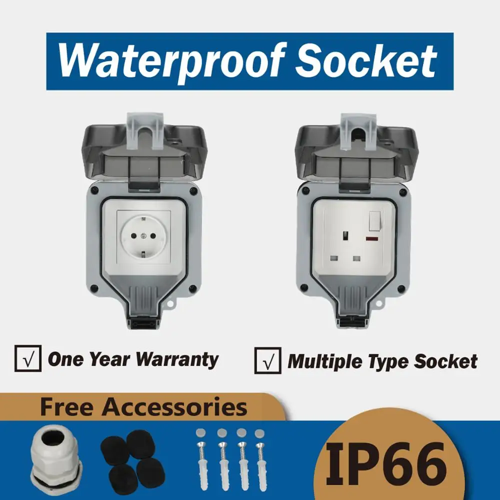 

Russia French EU UK British Germany European Single 1Gang Waterproof Socket Switch Enclosure Box Outdoor Outlet Weatherproof 13A