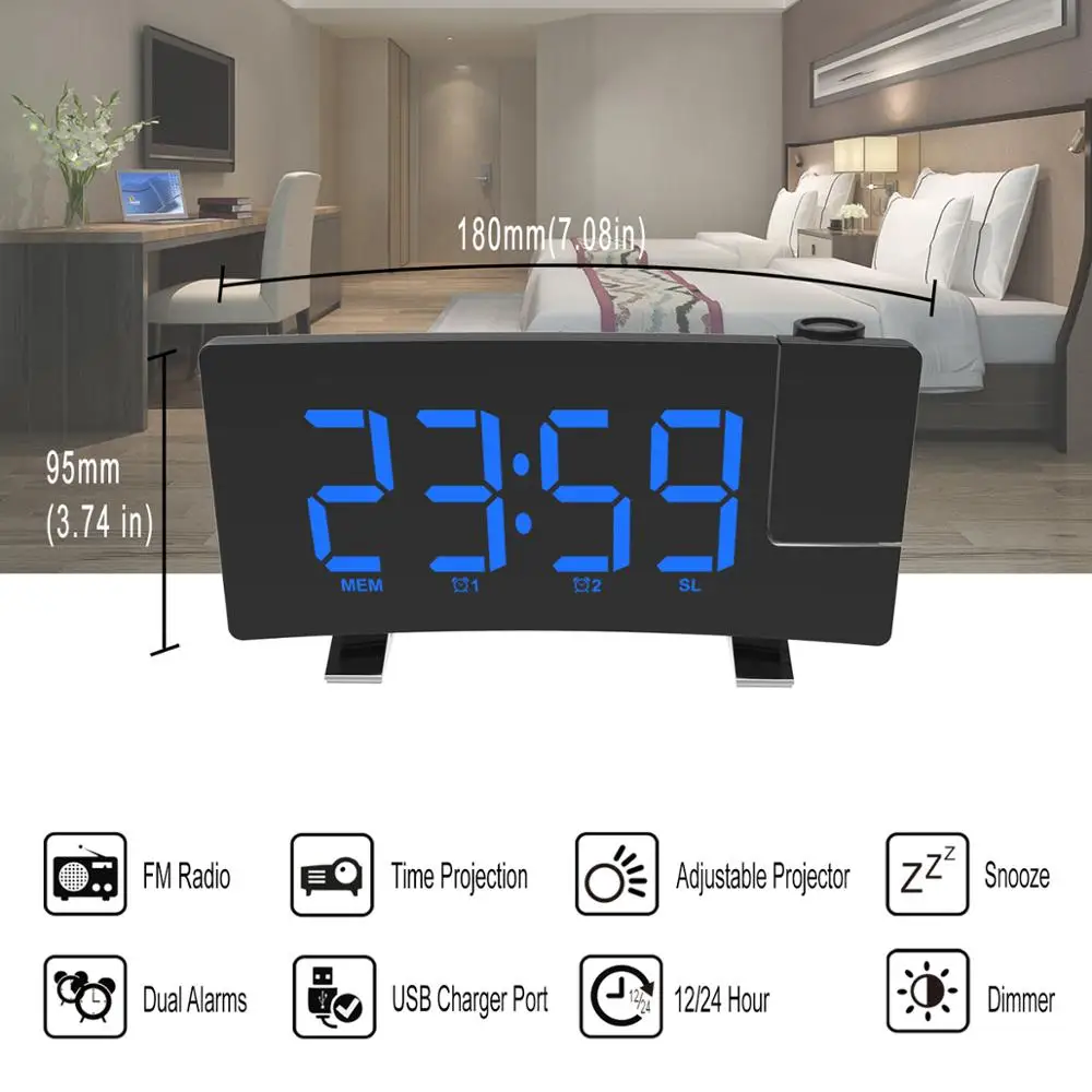 Digital FM Radio Alarm Clock with Projection 4 Alarm Sounds 9 Min Snooze Function Sleep Timer for Home Office Bedroom